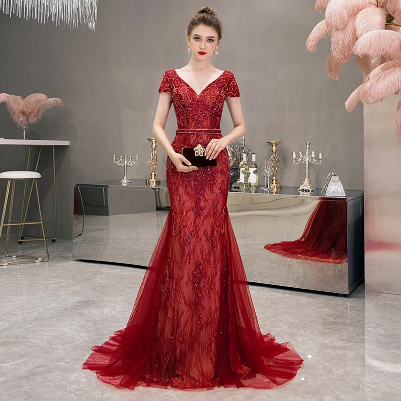 evening dresses with sleeves Sexy V Neck Crystal Beaded Red Lace Evening Dresses Custom made Mermaid Short Sleeves Formal Gown long sleeve maxi dress formal