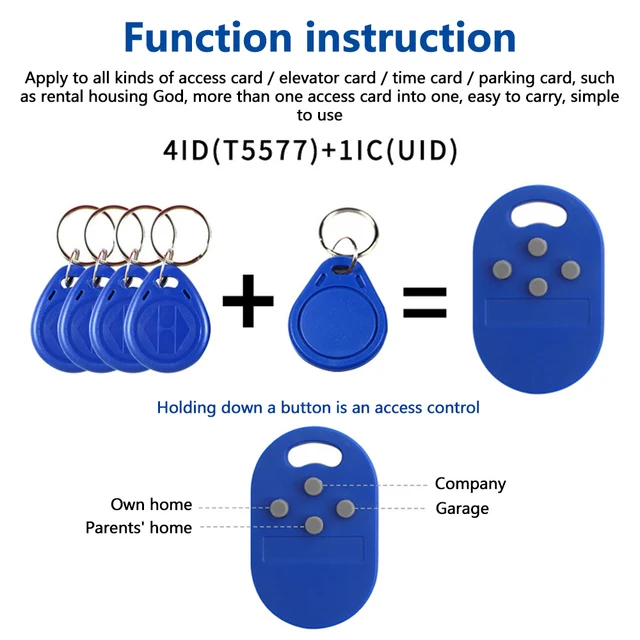 1Pcs RFID multiple key fob 5 in 1 125khz T5577 EM ID writable IC 13.56Mhz 1k S50 UID changeable key fob tag 3