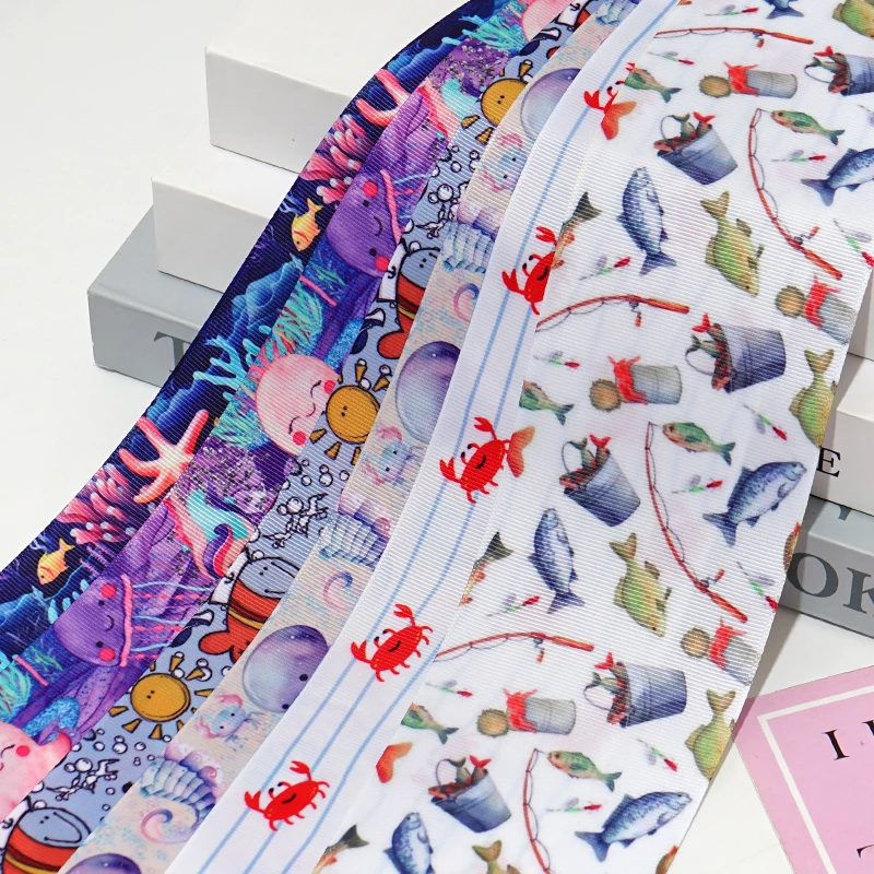 5Yards Marine Organism Printed Grosgrain Ribbons Hair Bows DIY Handmade Materials 89069