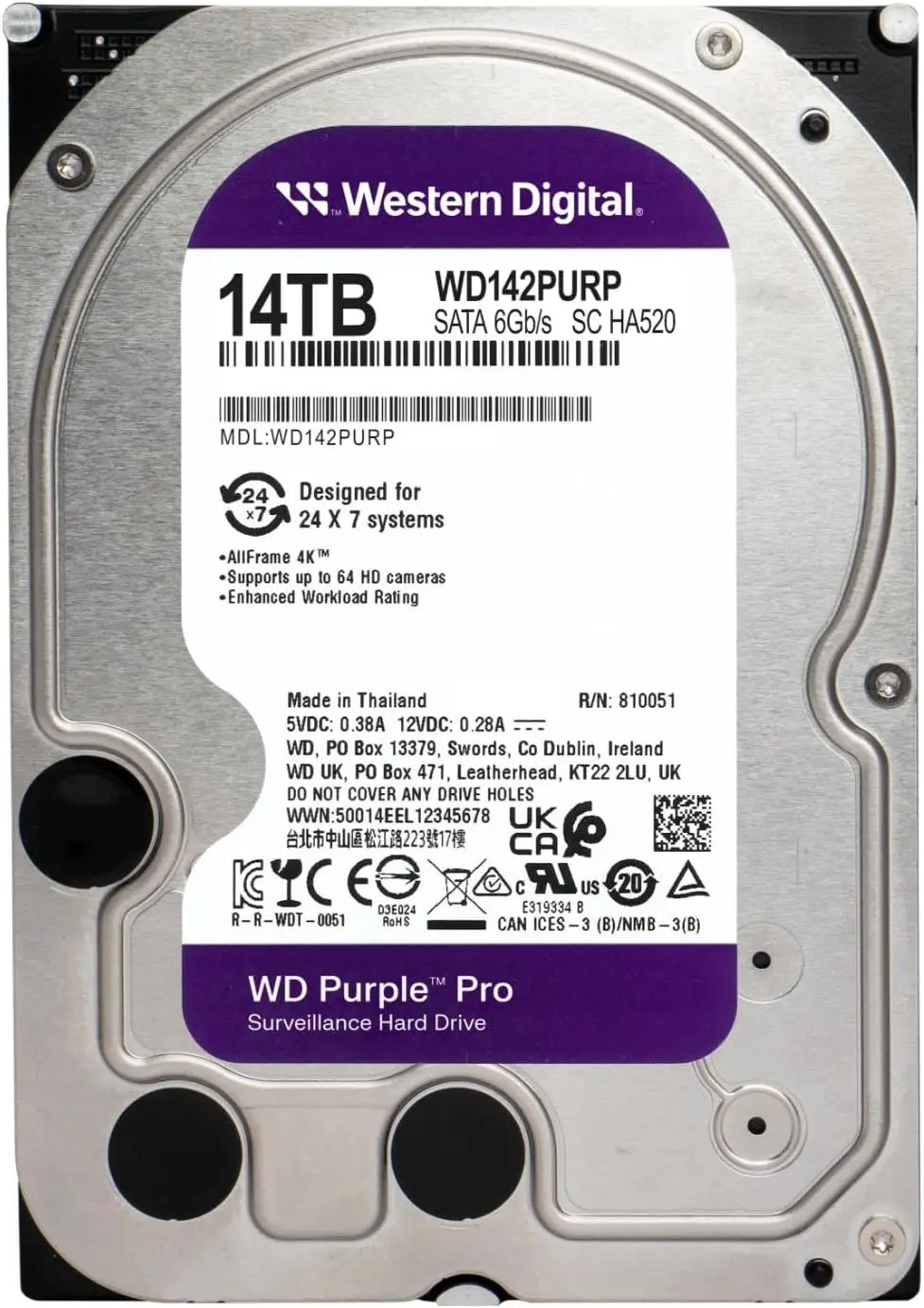 인기 핫셀 WD 14TB WD 퍼플 프로 내부 하드 드라이브 SATA 6 Gb/s 512 MB 캐시 3.5인치 HDD 케이스 및 가방용