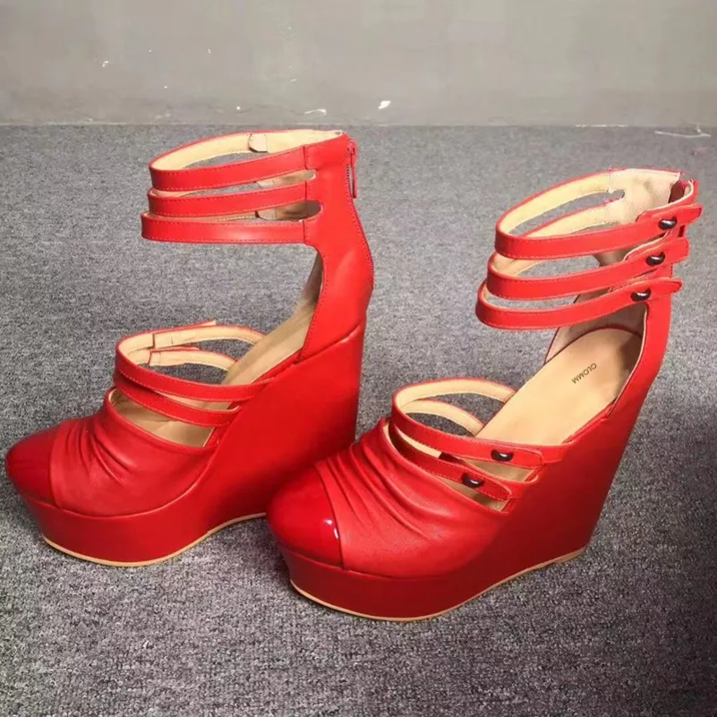 

2024 New Women Platform Pleated Sandals Wedges High Heels Sandals Round Toe Gorgeous Red Party Shoes Women US Plus Size 5-15