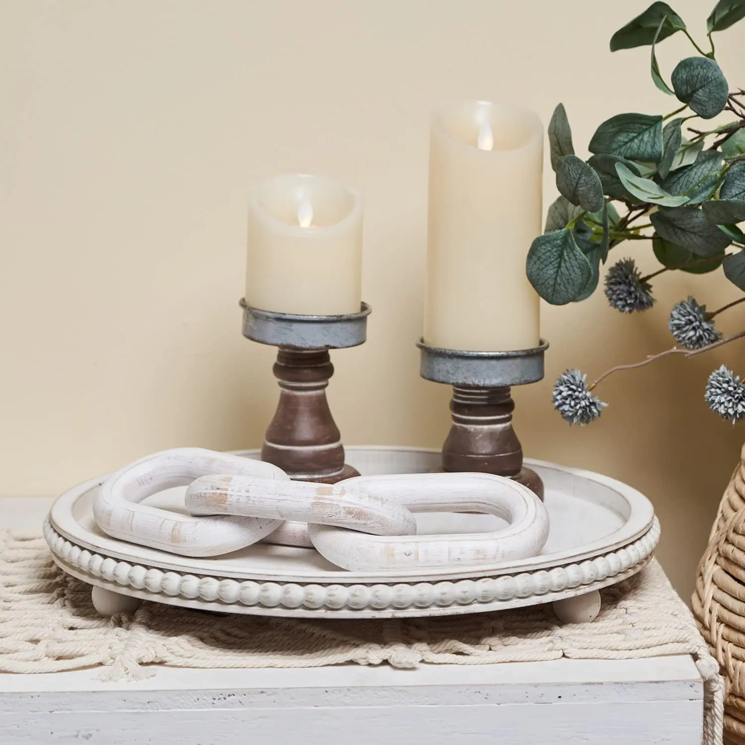 RETON Runde Holz Tablett Mit Perlen Girlande - Vintage Serviertablett 30cm Weiß