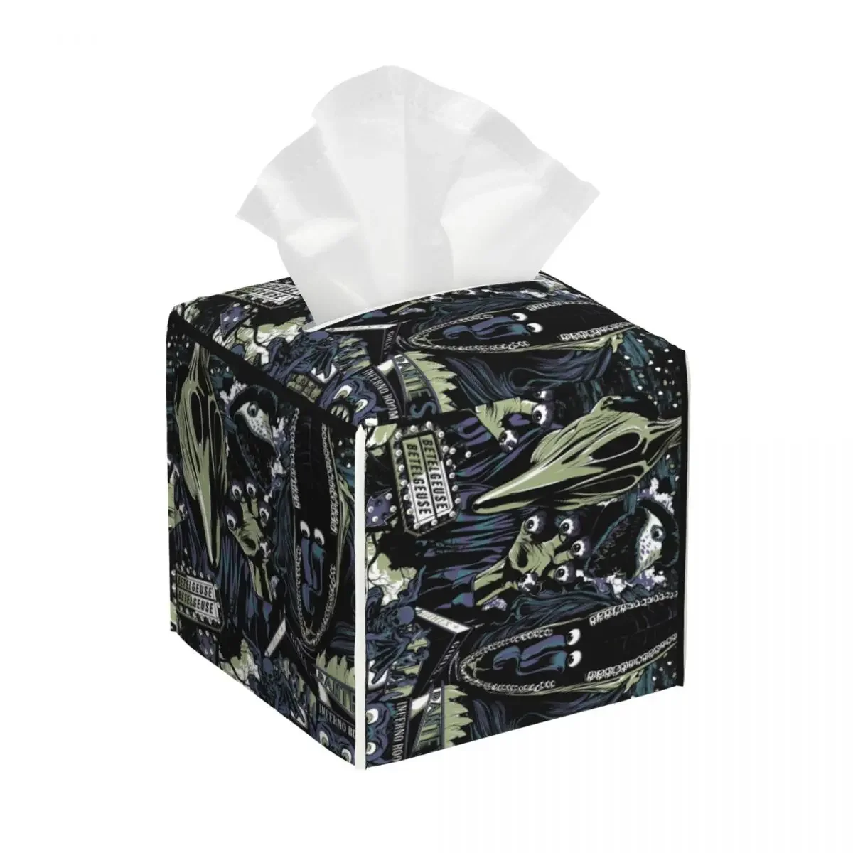 thumbnail image 1 of Funda para caja de pañuelos faciales de cuero sintético con diseño de Beetlejuices, cuadrada, estilo Tim Burton, para baño, 1 of 5