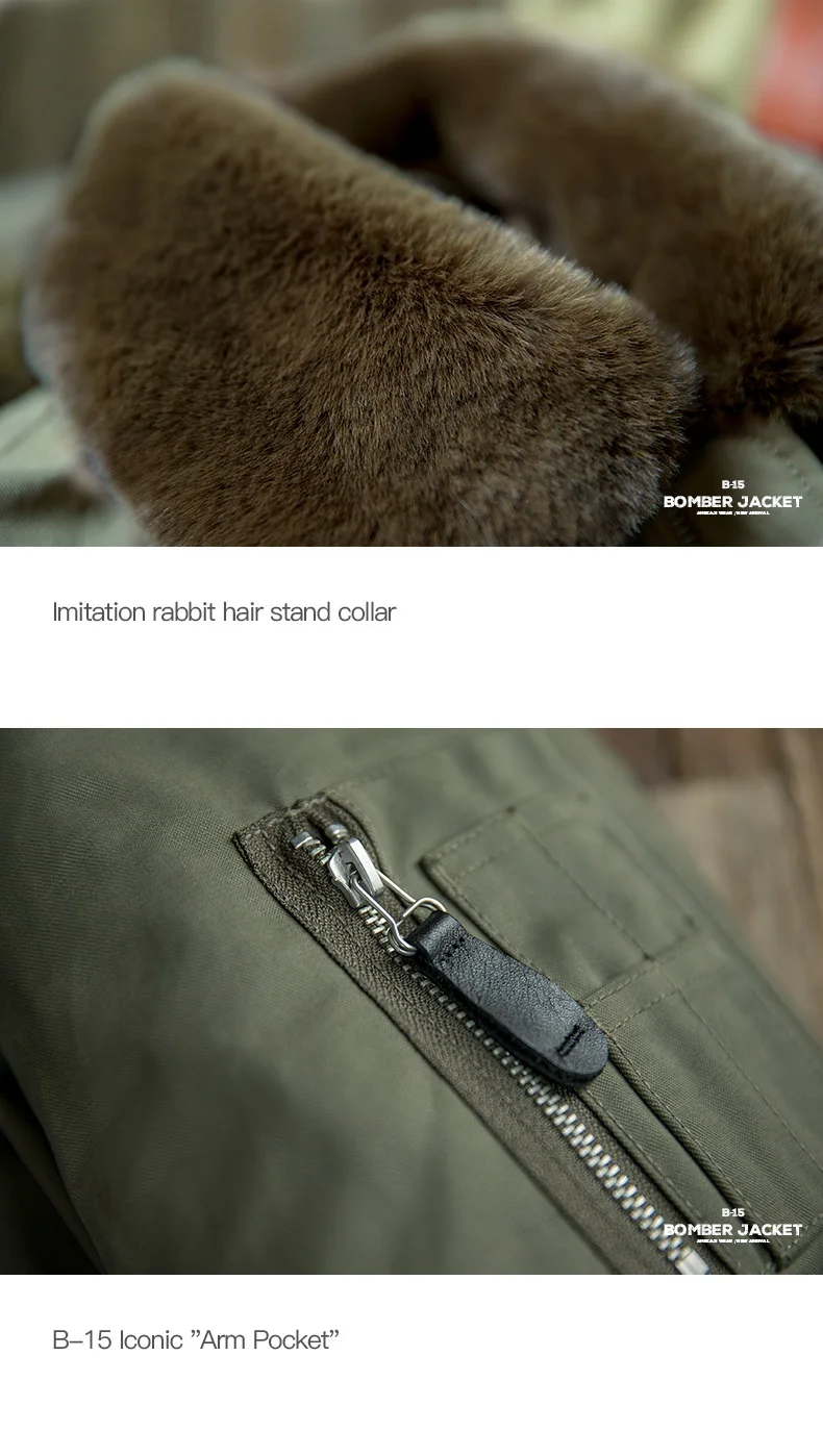 Maden Men's Vintage B-15 Bomber Jacket Green Khaki Faux Rabbit Fur Collar Thick Padded Winter Coat Warm Windproof Zipper Parka
