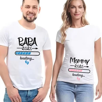 2026 New Cute Dad + Mom + Baby Print Couple Pregnant T Shirt Pregnancy Summer Short Sleeved Harajuku Streetwear Tops Tees