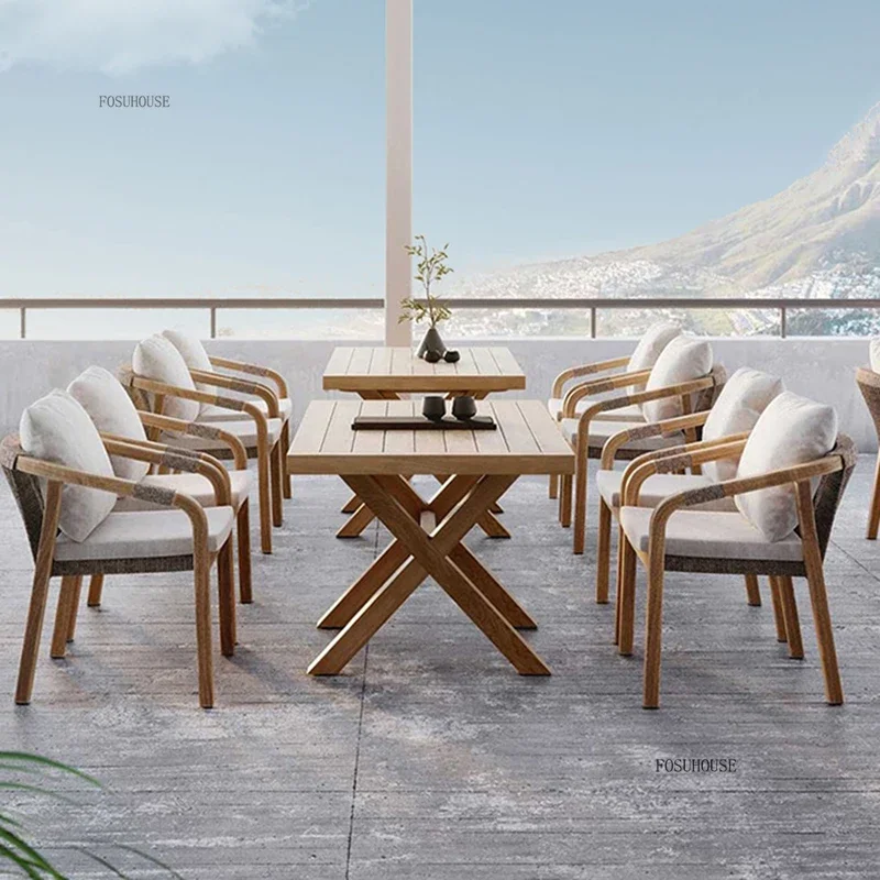 Outdoor Solid Wood Garden Chairs Villa Designer Rope Chair Leisure Courtyard Furniture Home Hotel Dining Table and Chair Set B