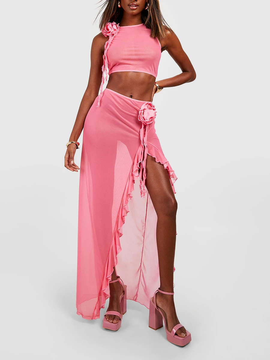 

Women Summer Skirts Outfits Solid Color 3D Flower Sleeveless Tank Tops High Slit Mesh Long Skirts 2 Pieces Clothes Set Hot Sale
