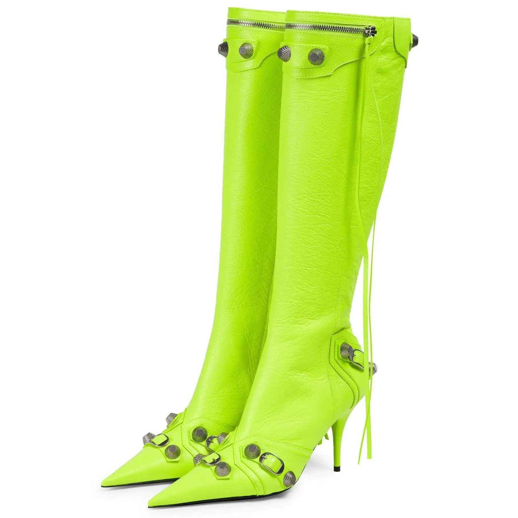 

2024 Winter New Sharp Head, Ultra High Heels, Thin Heels, Side Open Zipper, Rivet Pin Buckle, Large Knee Length Boots for Women