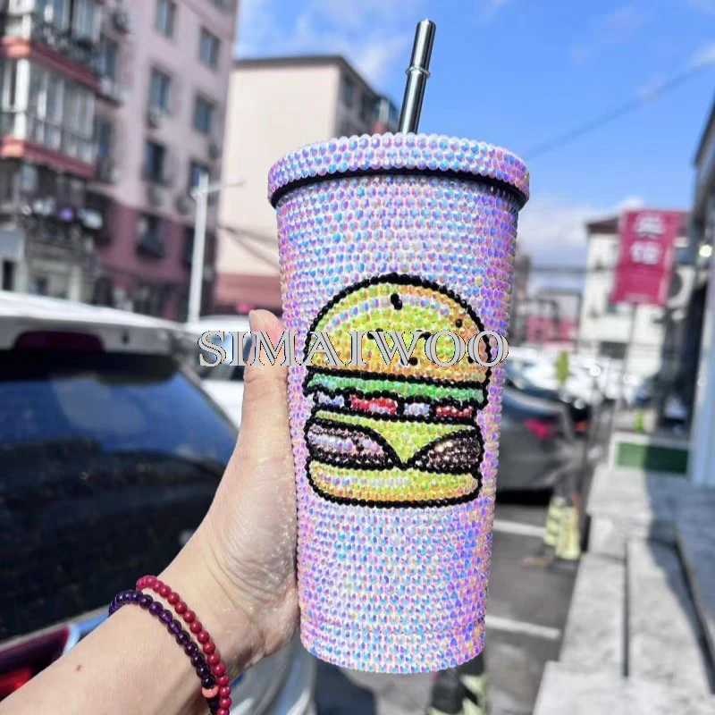 500 ml Strass Stroh Tasse Hamburger Design Kaffeetasse Doppelschicht Eis Getränk Vakuum Thermoisolierte Kolben Handgemachtes Bling Geschenk – Detail 1