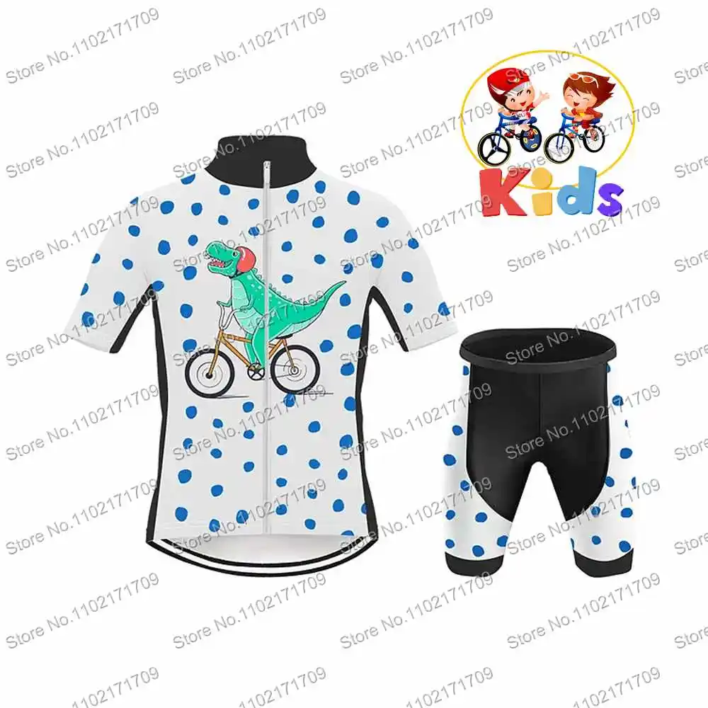 Kids Dinosaur Pattern Funnny Cycling Jersey Set Short Sleeve Quick Dry Road Bike Shirts Suit Blue Black Bike Wear MTB Maillot