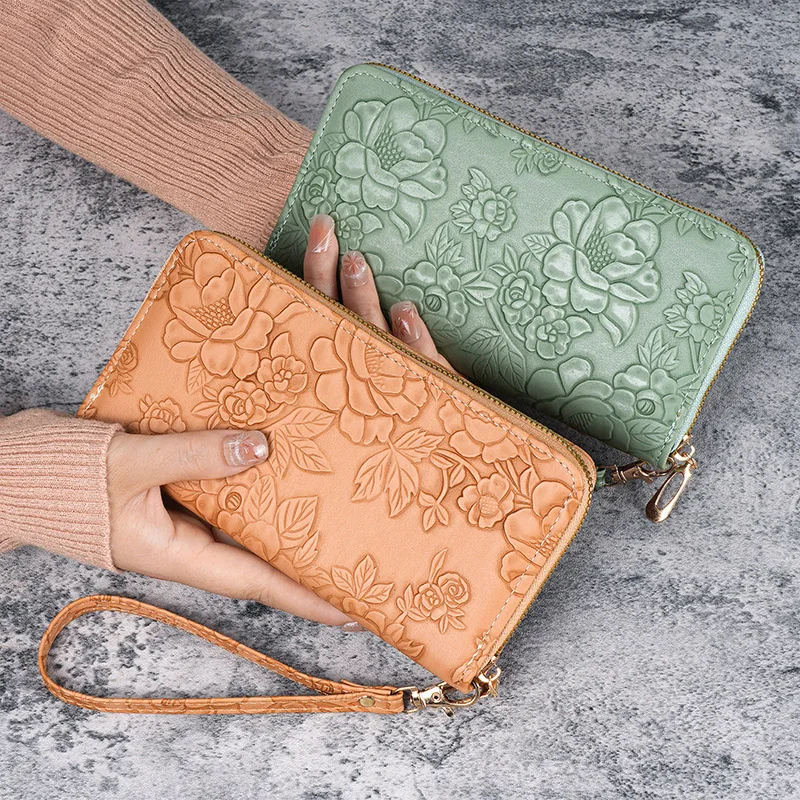 Floral Embossed Leather Women's Long Wallet – Hand-Painted Design with Phone and Card Holder