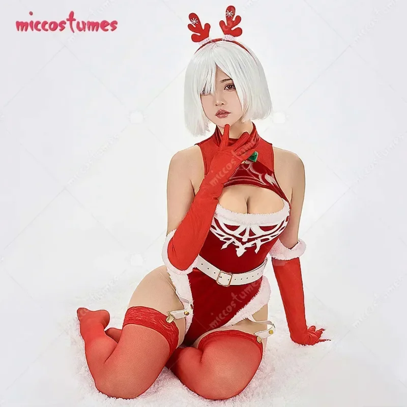 

In Stock Women Christmas Sexy Lingerie Set 2B Derivative Cosplay Costume Red Bodysuit with Short Cape and Gloves Thigh Socks