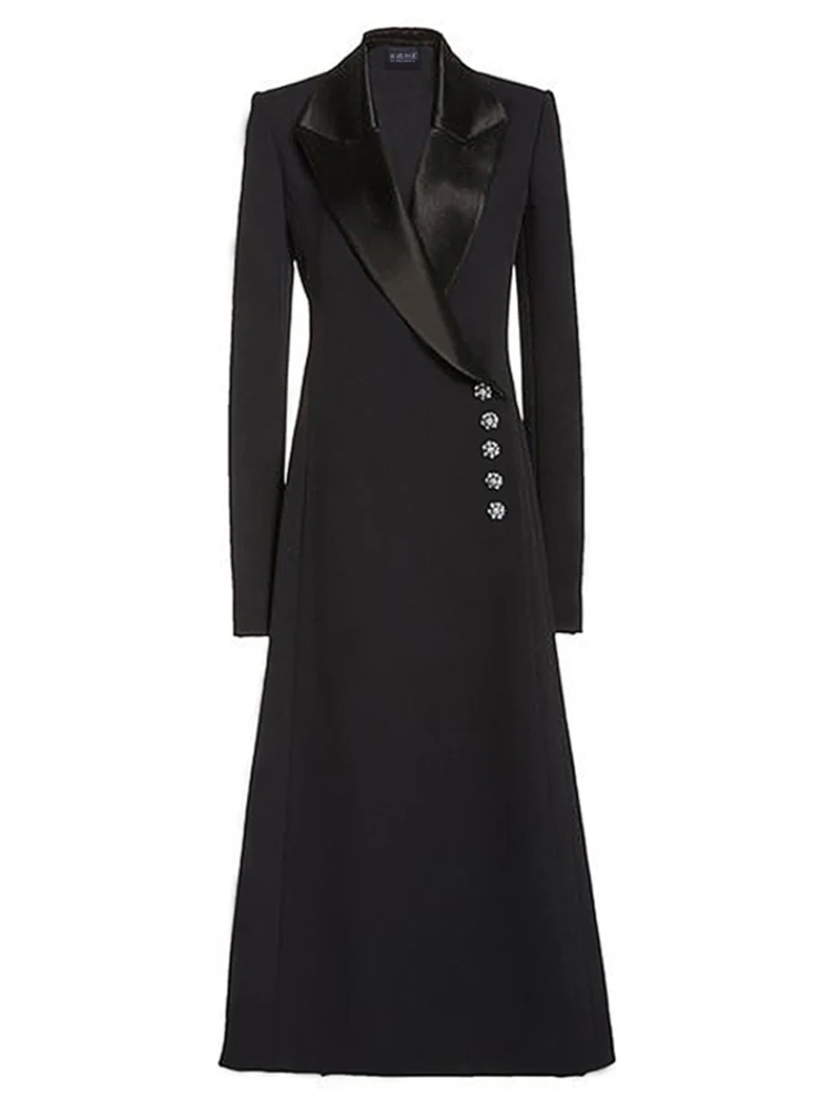 

Winter Women Black Super Long Coat Single Breasted Suit Collar European American Style Slim Fashionable Elegant Formal Occasion