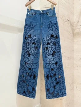 Women Hollow Out Embroidered Floral Jeans Straight Fashion Zipper Fly 2025 Summer Denim Long Pants for Female 1