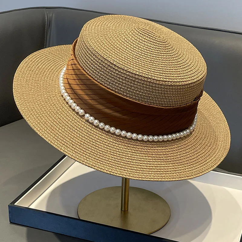 2024 Summer Elegant Pearl Chain Flat Sun Hats for Women Chapeau Feminino Straw Hat Panama Wide Brim Anti-UV Beach Cap Girl Topee