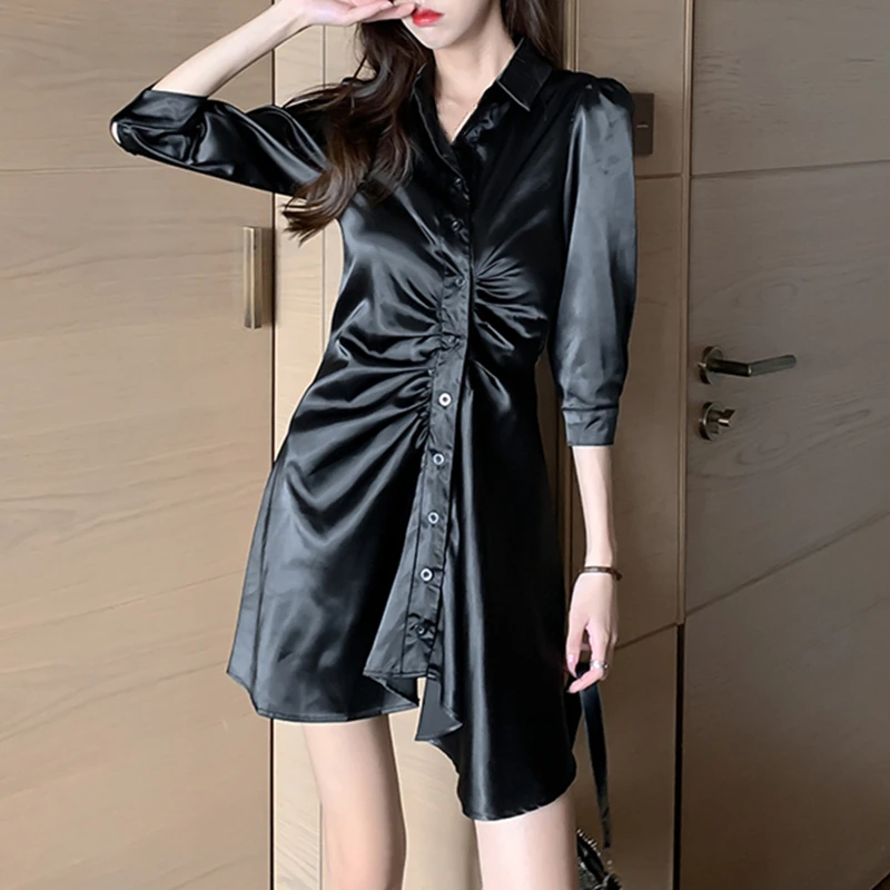 Autunno Donna Slim Tum-Down Mini Abito Casual Solido Monopetto Abiti Moda Donna A-Line Abiti Irregolari Donna