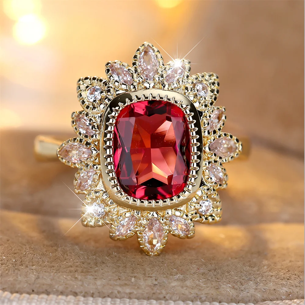 Red Crystal Square Stone Cute Flower Rings For Women Vintage Gold Color Engagement Bands Wedding Jewelry Bridal Birthday Gifts