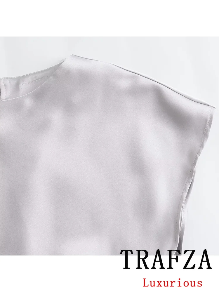 TRAFZA 여성용 빈티지 캐주얼 시크 새틴 세트 솔리드 실버 O넥 셔츠, 롱 스커트, 2024 용수철 여름 실키 세트, 새로운 패션