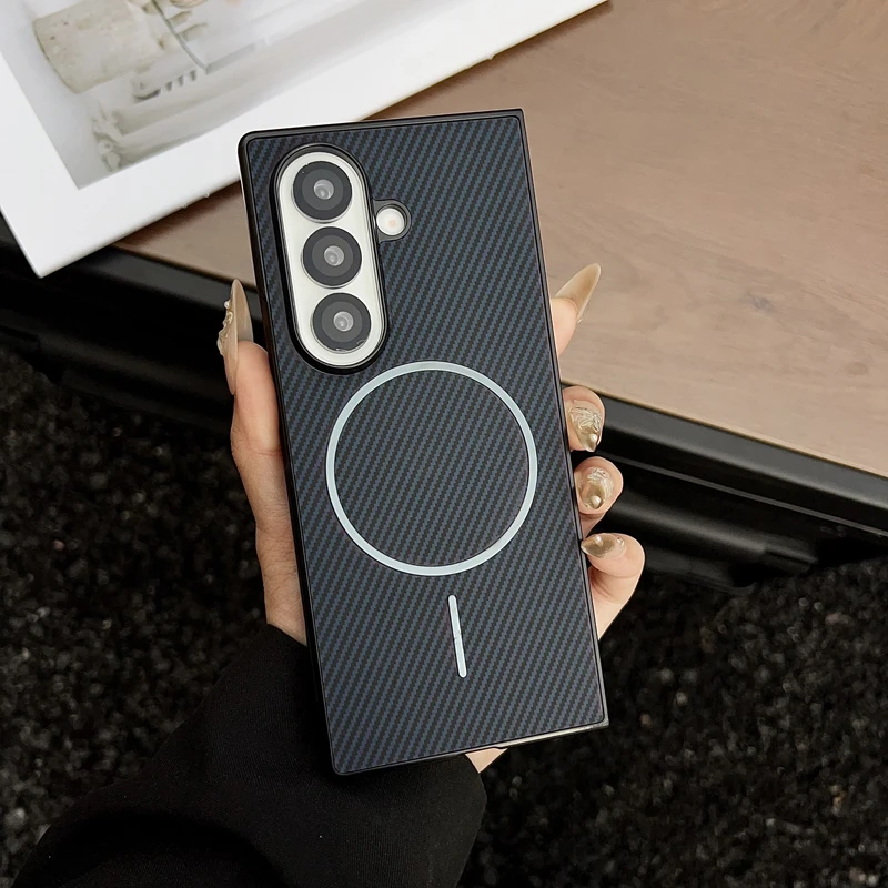 ELVEV Magnetic Luxury Carbon Fiber Pattern Leather Case with Wireless Charging Back Shell