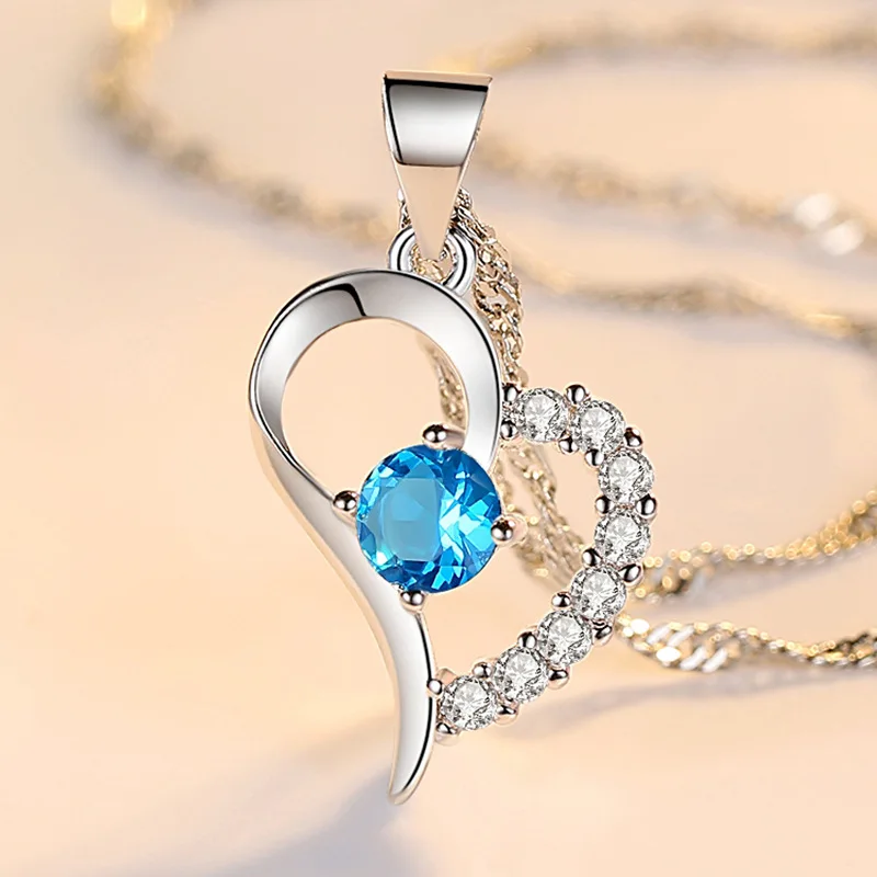 Simple Blue Sapphire Heart Pendant Necklace For Women Inlaid White Zircon Silver Necklace Party