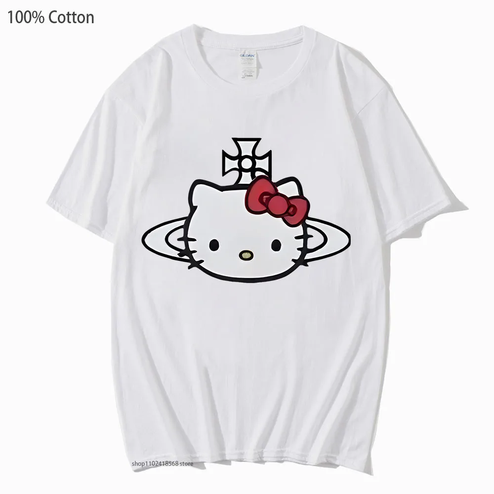 

Kawaii Cute Cat Tshirt Women T-shirts Anime Tee-shirt Men's Clothing High Street KPop Streetwear 100% Cotton Top Summer Clothes