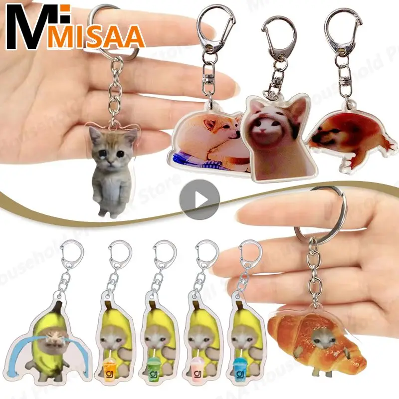 

Creative Happy Banana Cat Acrylic Keychain Funny Small Animal Cute Cat Keyring Bag Pendant Accessories Lanyard Key Chains Gift