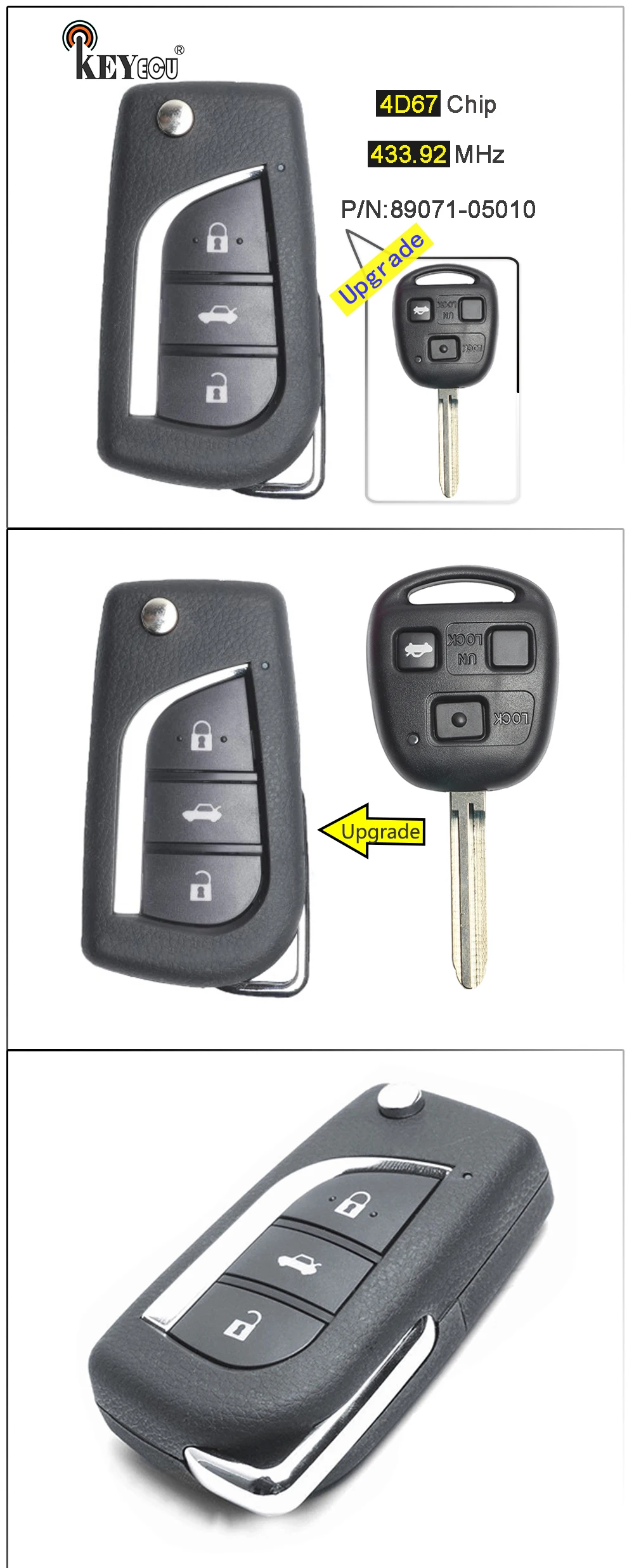 Keyforkess CHIEDERE 433.92MHz 4D67 Circuito Integrato 89071-05010 Aggiornato di Vibrazione Pieghevole 3 Tasto Chiave A Distanza Dell'automobile Fob TOY43 Lama per per Toyota Avensis - S40c2ecf7618948aa86337268ec6e0063h