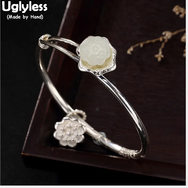 

Uglyless Real S925 Sterling Silver Fine Jewelry Natural Hetian White Jade Lotus Bangles Women Flower Charms Bangle Enamel Bijoux