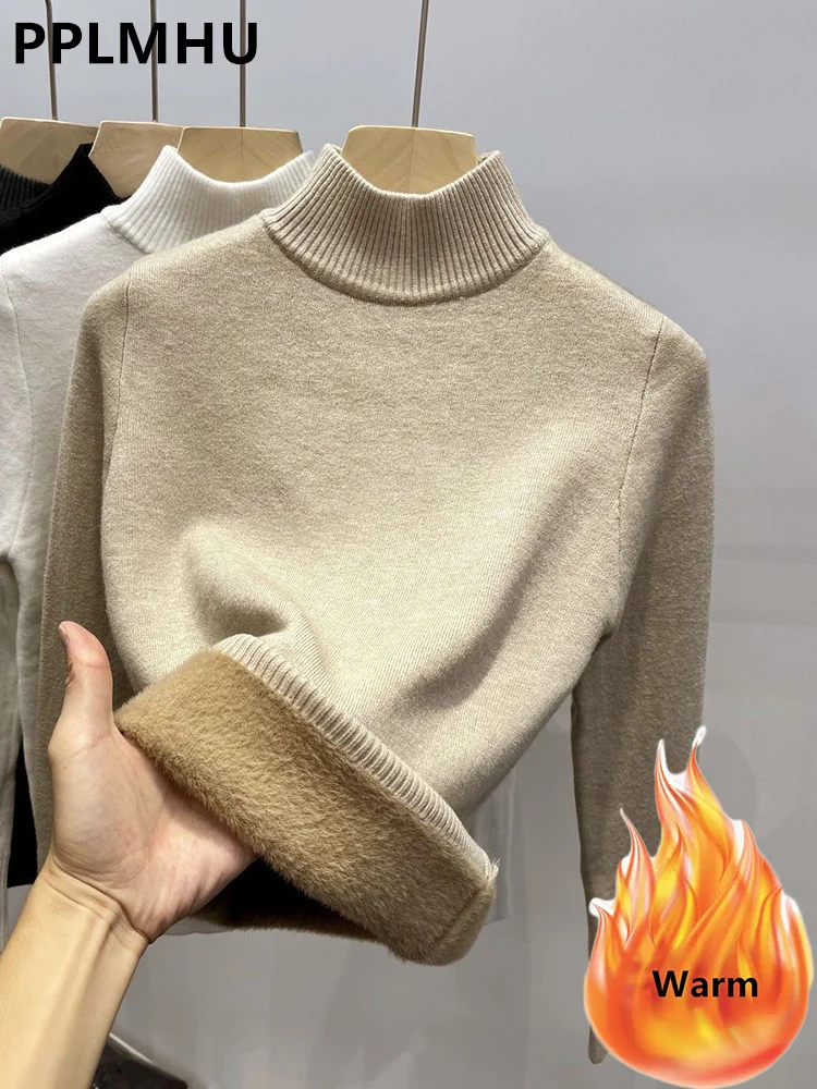 

Winter Thicken Turtleneck Bottomed Sweaters Women's Oversized 4xl Plus Velvet Warm Knit Pullover Khaki/white Slim Sweater Tops