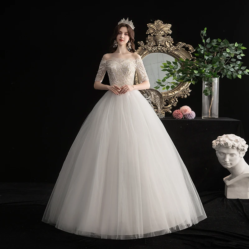 

Elegant Boat Neck Wedding Dresses For Women Vintage Lace Simple Tulle Bridal Dress New Half Sleeve Floor-length Suknia Slubna