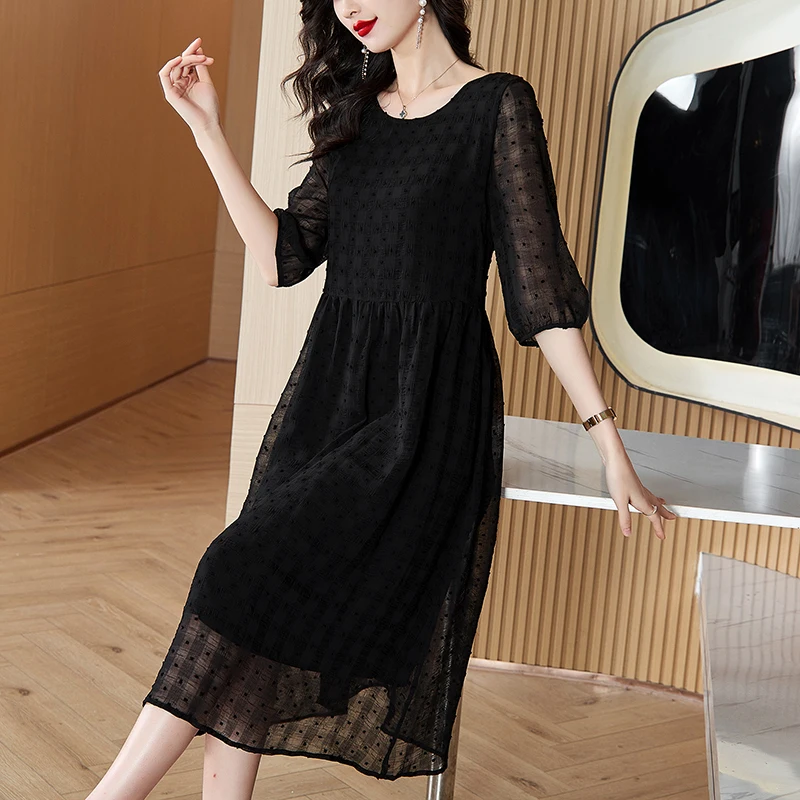 

Spring 2024 New Women's Fashion Style Black Dress Large Loose Waist Middle Length Dress Casual Party Dress Vestidos