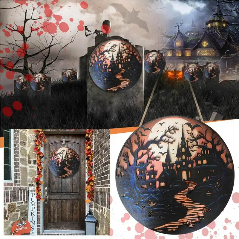 

Halloween Welcome Sign Castle Moon Bat Front Door Hanger Decoration Arrangement Spooky Ghost Wood Hangings Festival Party Tag