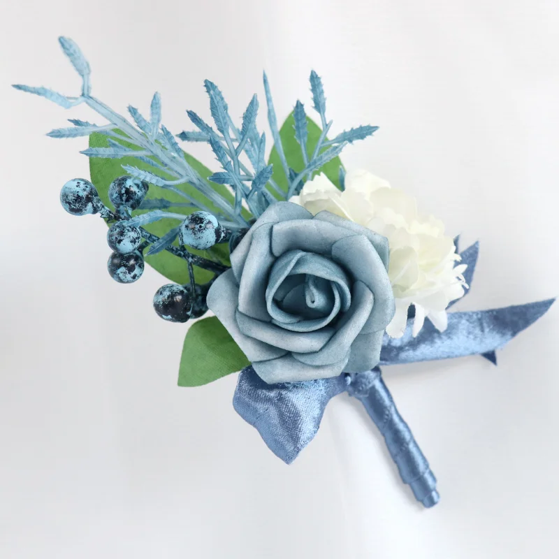 

New Blue PE Artifical Rose Flowers Boutonniere Wrist Corsage Groomsmen Bridesmaid Wedding Accessories 2023