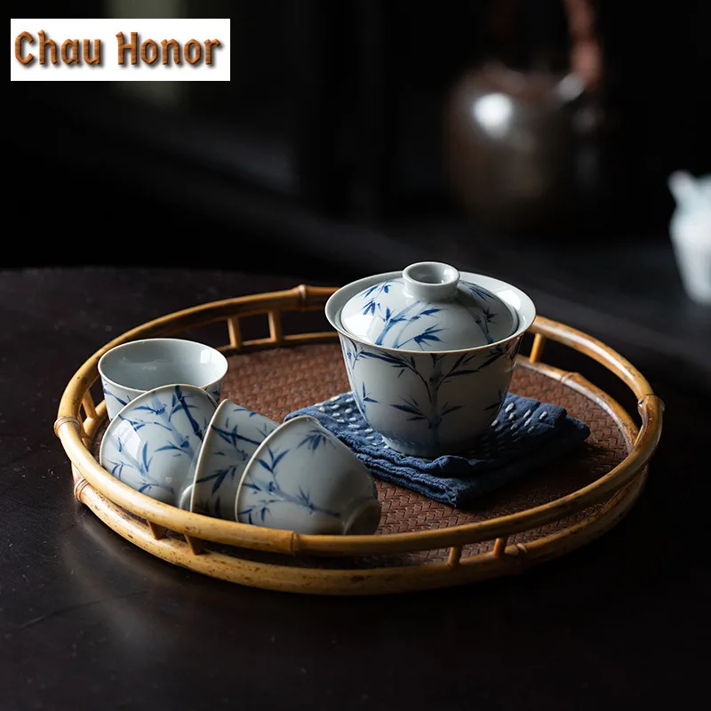 125ml Boutique Pure Hand-painted Green Bamboo Art Tea Tureen Small Hand Grasping Bowl With Cover Kung Fu Tea Maker Zen Gaiwan