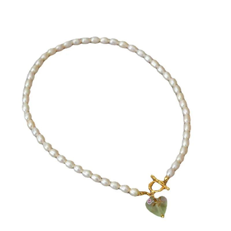 Freshwater Pearl Choker Arabesque Branch Hand-painted Flower Elegant Glass Love Heart Vintage OT Necklace