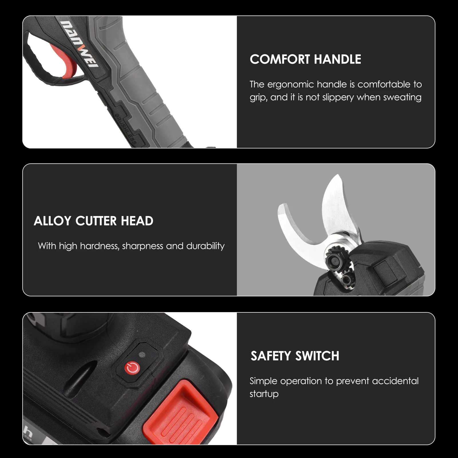 Description Picture 6 of itemNanwei 21V Cordless Electric Pruner Pruning Shear Brushless Rechargeable Efficient Fruit Tree Bonsai Pruning Garden Power Tools