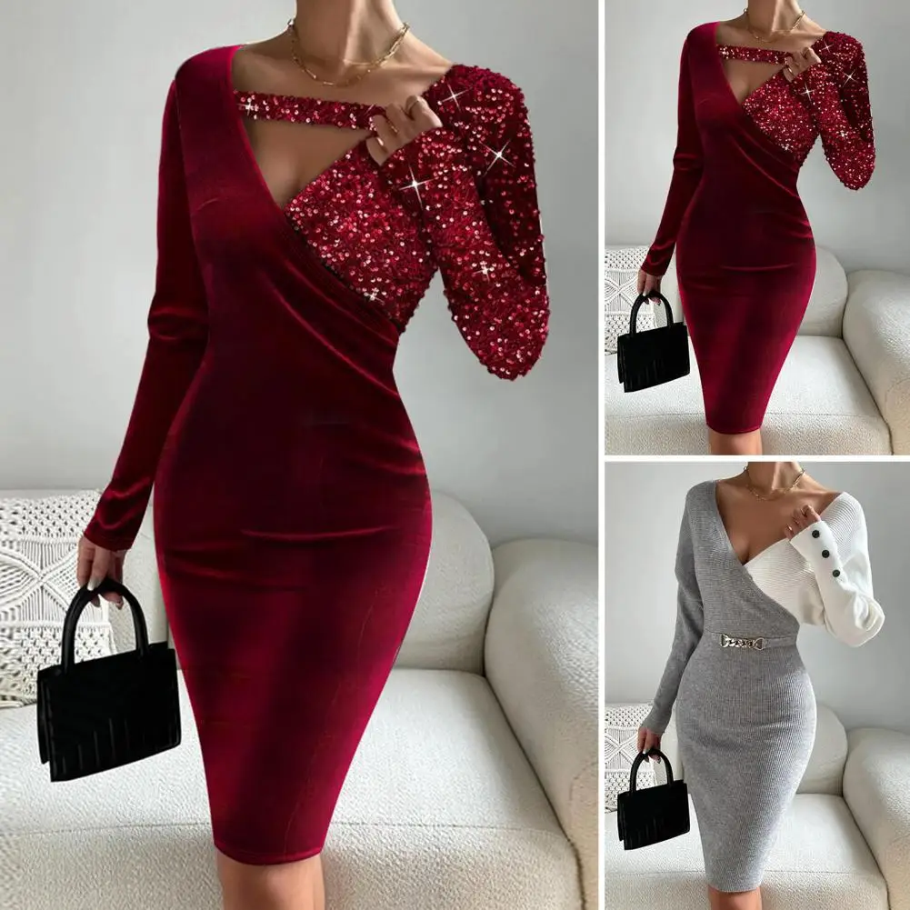 

Sequined Long Sleeve Dress Sequin Long Sleeve V Neck Midi Dress with High Waist Chain Decor Thick Warm Sheath Elastic Color
