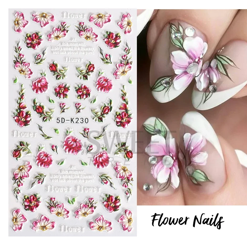 Nail Stickers Nail Art Decoration Nail Decals Flower Stickers 5D Embossed Violet Iris Flower Nail Sticker Purple Floral Sliders Sunflower Daisy Design For Nail Art Manicure Decoration SA5D-K