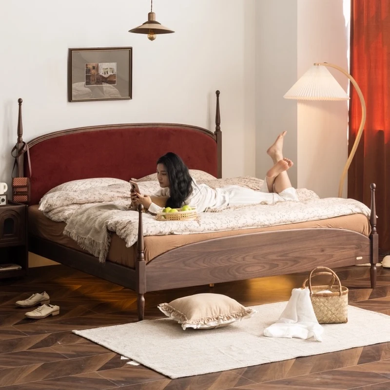 

Simple solid wood walnut color Nordic postmodern small apartment bedroom double bed velvet bed