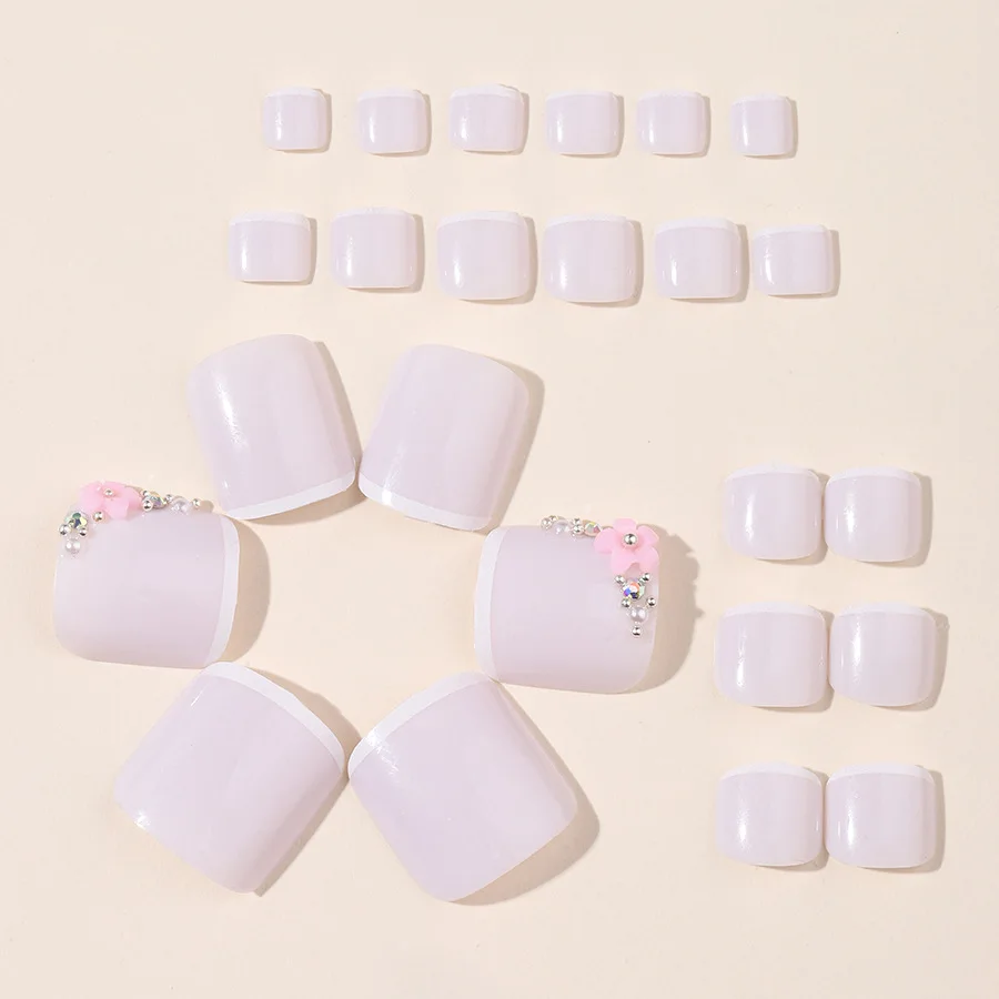 24개입 단색 발톱 네일 팁, 5개 꽃잎 모양 짧은 사각형 발톱, 여성 및 소녀용 여름용 탈부착 가능한 발톱