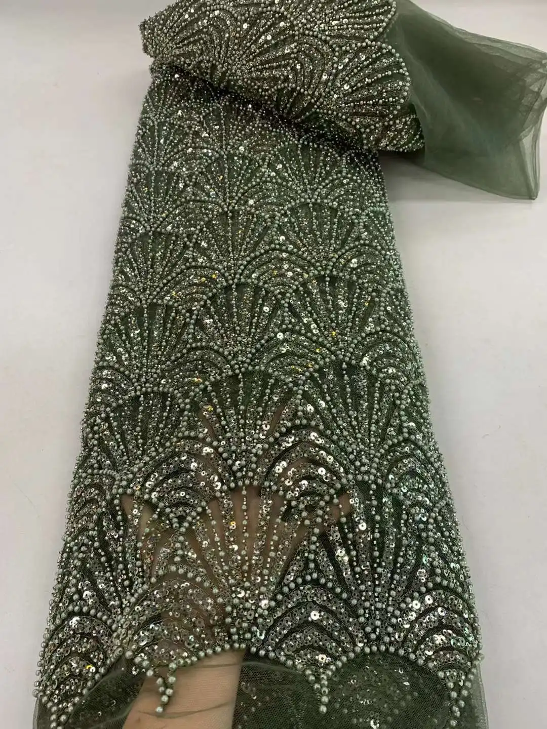 Fashion Long Tube Rice Bead French Embroidery Mesh Lace Fabric for Evening Party Dress African Women Wedding Outfit Material ZX
