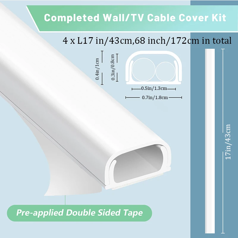4pcs Wire Covers for 2 Cords, 68in Wire Hider on Wall Mounted, White Cord Cover Kit, Cable Cover Cable Concealer for Extension