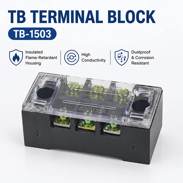 TB1503 Dual Row Thick Copper Screw Terminal Block Flame Retardant Grounding Wire Connector Strip 600V 15A Electrical Junction 1