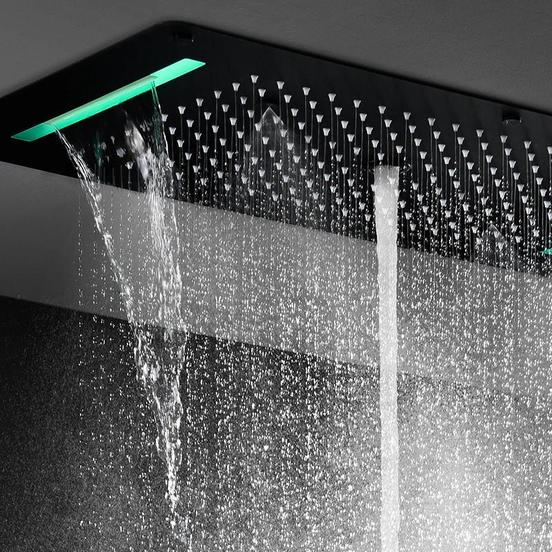 Matt Black Recessed Thermostatic Shower System Big Rainfall Column Waterfall Mist Faucet Set Screen Touch LED 700x380mm