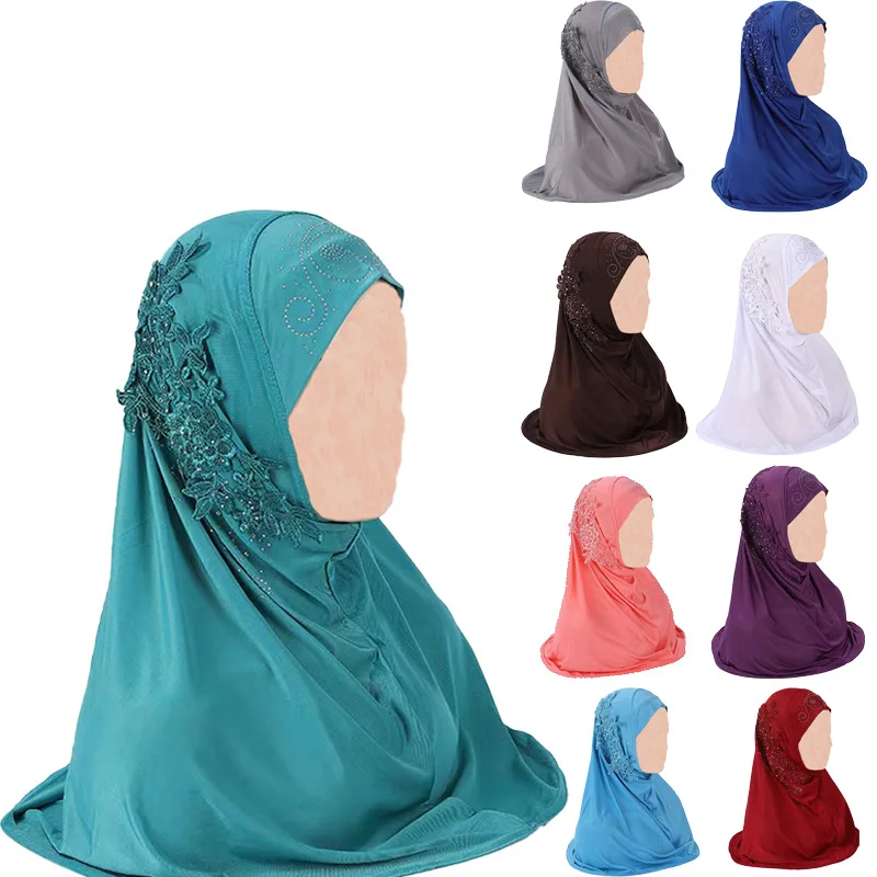 

Beautiful Big Gilrs Muslim Hijab with Lace and Stones Islamic Scarf Shawl Headscarf Hat Armia Pull on Wrap Ramadan Gift