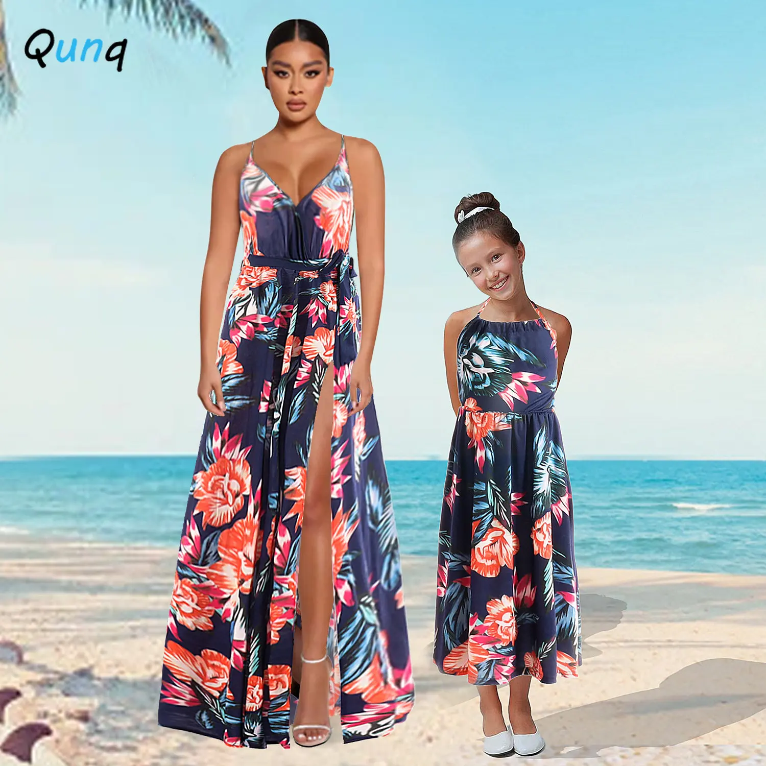 

Qunq Spring Summer New Parent-Child Outfit Halter Floral Print Holiday Pastoral Casual Dress Mom And Daughter Matching Clothes