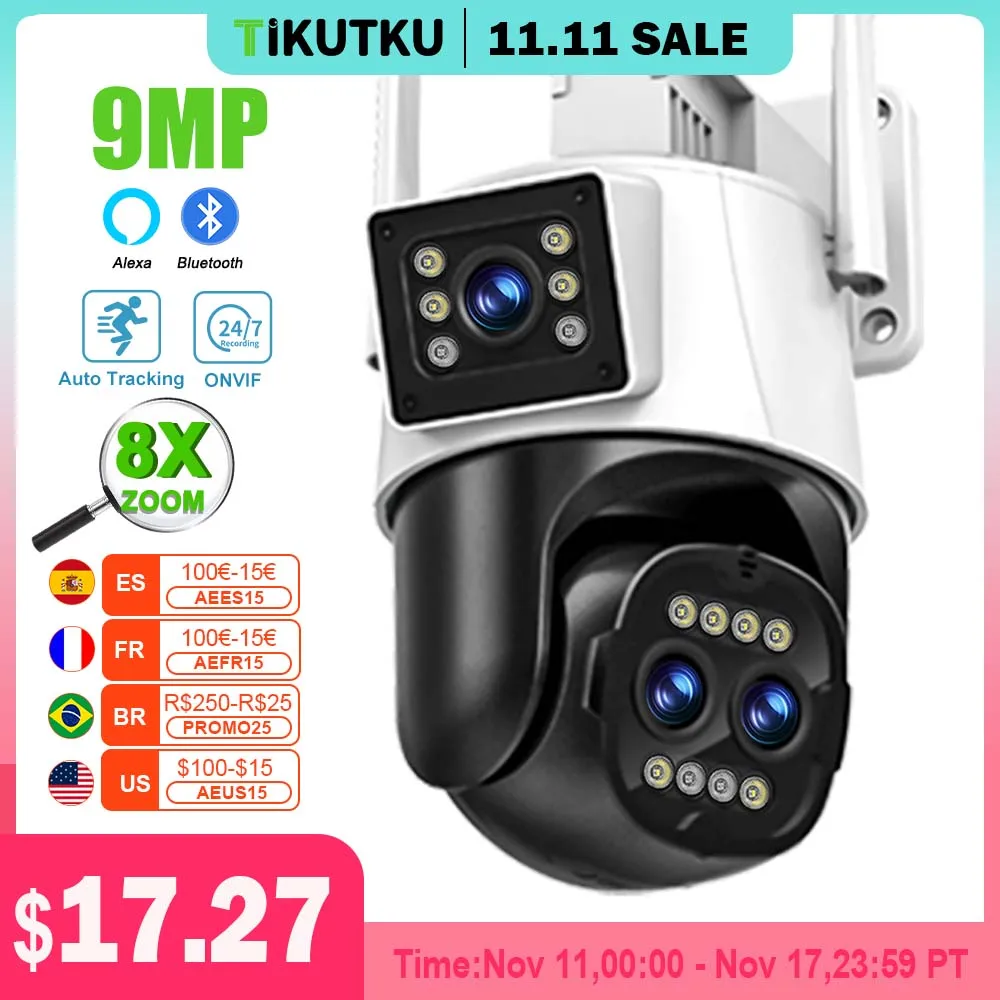 9MP 4K IP Camera WiFi Outdoor 8X Zoom Security Protection Three Lens Dual Screen Wireless PTZ CCTV Video Surveillance Icsee