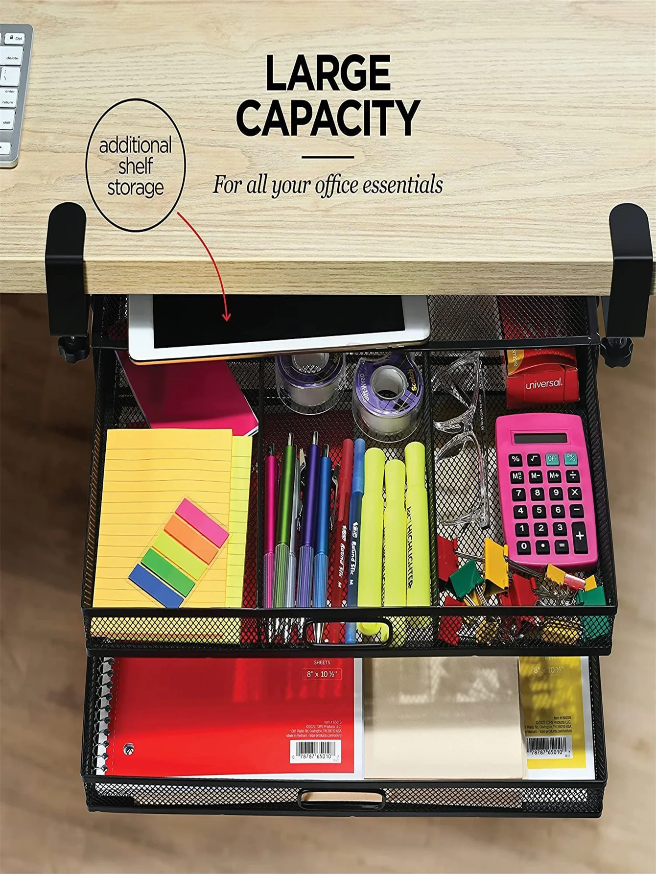 Organizer per Cassetti da Scrivania Tipo Clip-On, Accessorio in Rete Metallica, 2 Cassetti Estraibili, Organizzatore per Scrivania o Sotto la Scrivania - immagine 6