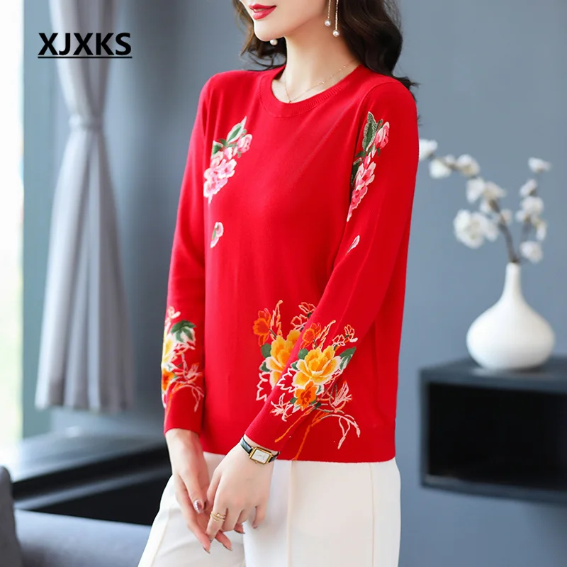 

XJXKS Round Neck Long-sleeved Women's Printed Sweater 2022 Autumn And Winter Latest Loose Plus Size Wool Knitted Pullover Top