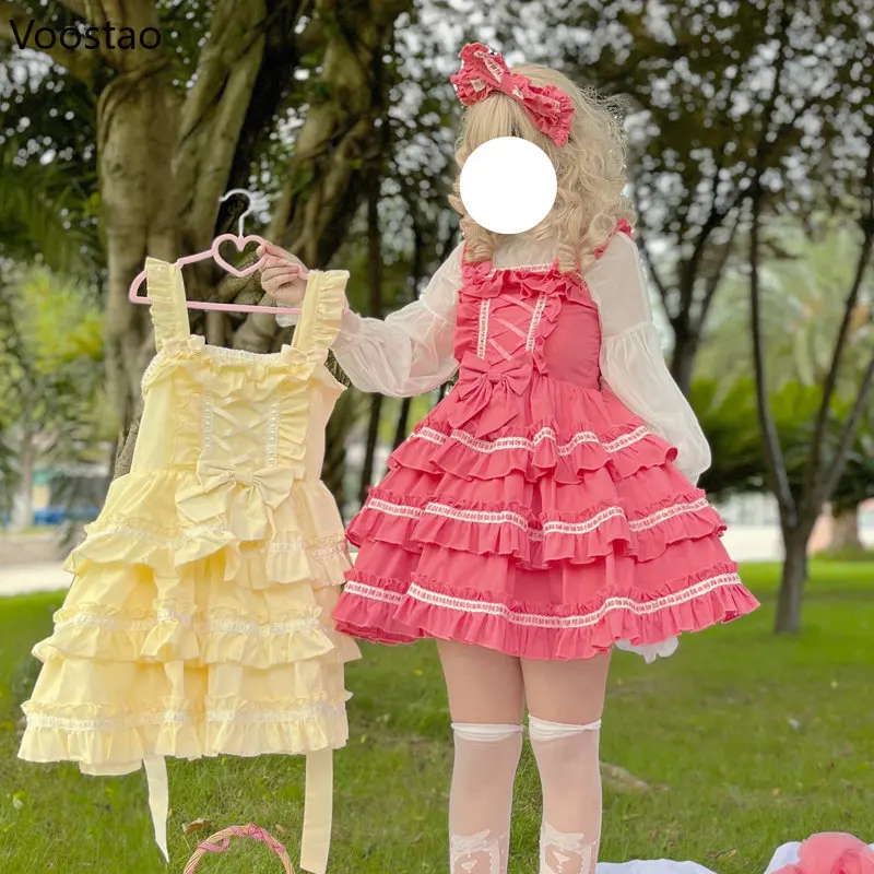 Japanese Kawaii Lolita Jsk Dress Women Vintage Gothic Ruffles Sleeveless Sweet Bow Princess Mini Dresses Girly Punk Strap Dress lolita dress lolita suspender dress lolita cosplay costumes suspender dress